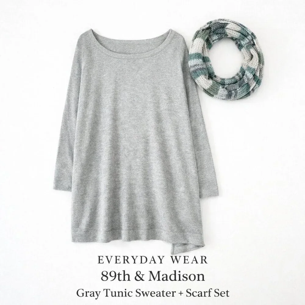 89th & Madison Gray Tunic Sweater + Scarf Set 1X Plus Cozy Knit